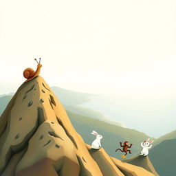 At the summit of a mountain, a small snail with a brown shell stands triumphantly, gazing at the beautiful landscape