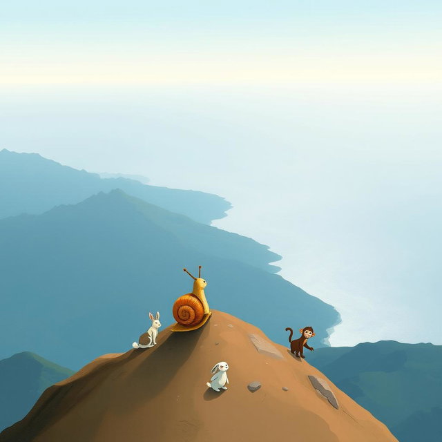 At the summit of a mountain, a small snail with a brown shell stands triumphantly, gazing at the beautiful landscape