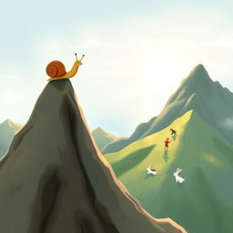 At the summit of a mountain, a small snail with a brown shell stands triumphantly, gazing at the beautiful landscape