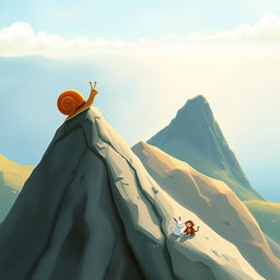 At the summit of a mountain, a small snail with a brown shell stands triumphantly, gazing at the beautiful landscape