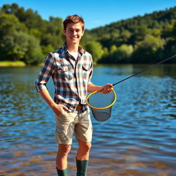 A young man standing by the edge of a serene lake, holding a landing net in one hand