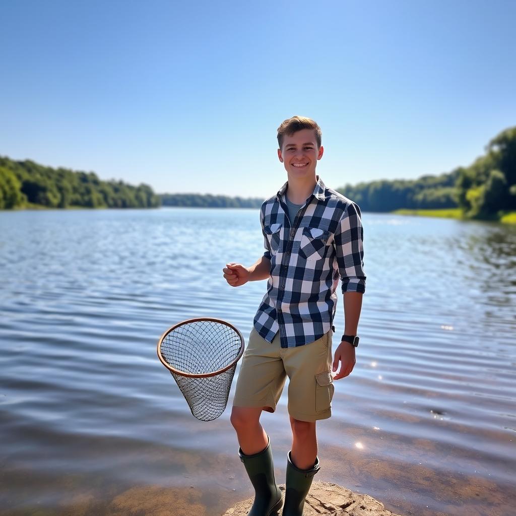 A young man standing by the edge of a serene lake, holding a landing net in one hand