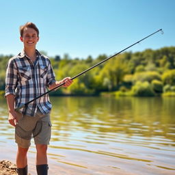 A young man standing by the edge of a serene lake, holding a landing net in one hand