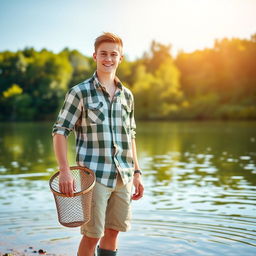 A young man standing by the edge of a serene lake, holding a landing net in one hand