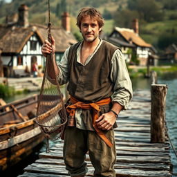 A medieval fisherman standing on a wooden dock, holding a large landing net in one hand while looking confidently at the camera
