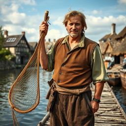 A medieval fisherman standing on a wooden dock, holding a large landing net in one hand while looking confidently at the camera