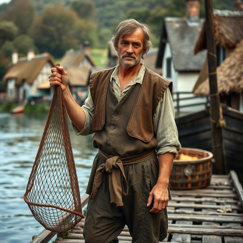 A medieval fisherman standing on a wooden dock, holding a large landing net in one hand while looking confidently at the camera