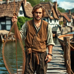 A medieval fisherman standing on a wooden dock, holding a large landing net in one hand while looking confidently at the camera