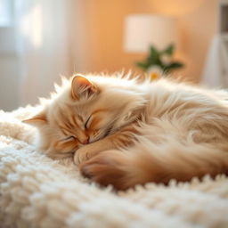 A peaceful scene of a fluffy domestic cat peacefully sleeping on a cozy, plush blanket
