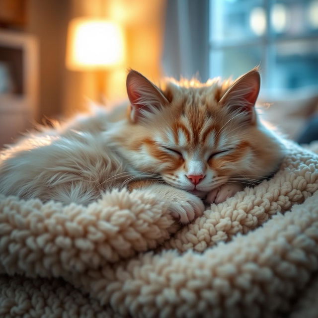 A peaceful scene of a fluffy domestic cat peacefully sleeping on a cozy, plush blanket