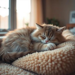 A peaceful scene of a fluffy domestic cat peacefully sleeping on a cozy, plush blanket