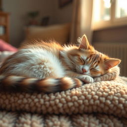 A peaceful scene of a fluffy domestic cat peacefully sleeping on a cozy, plush blanket