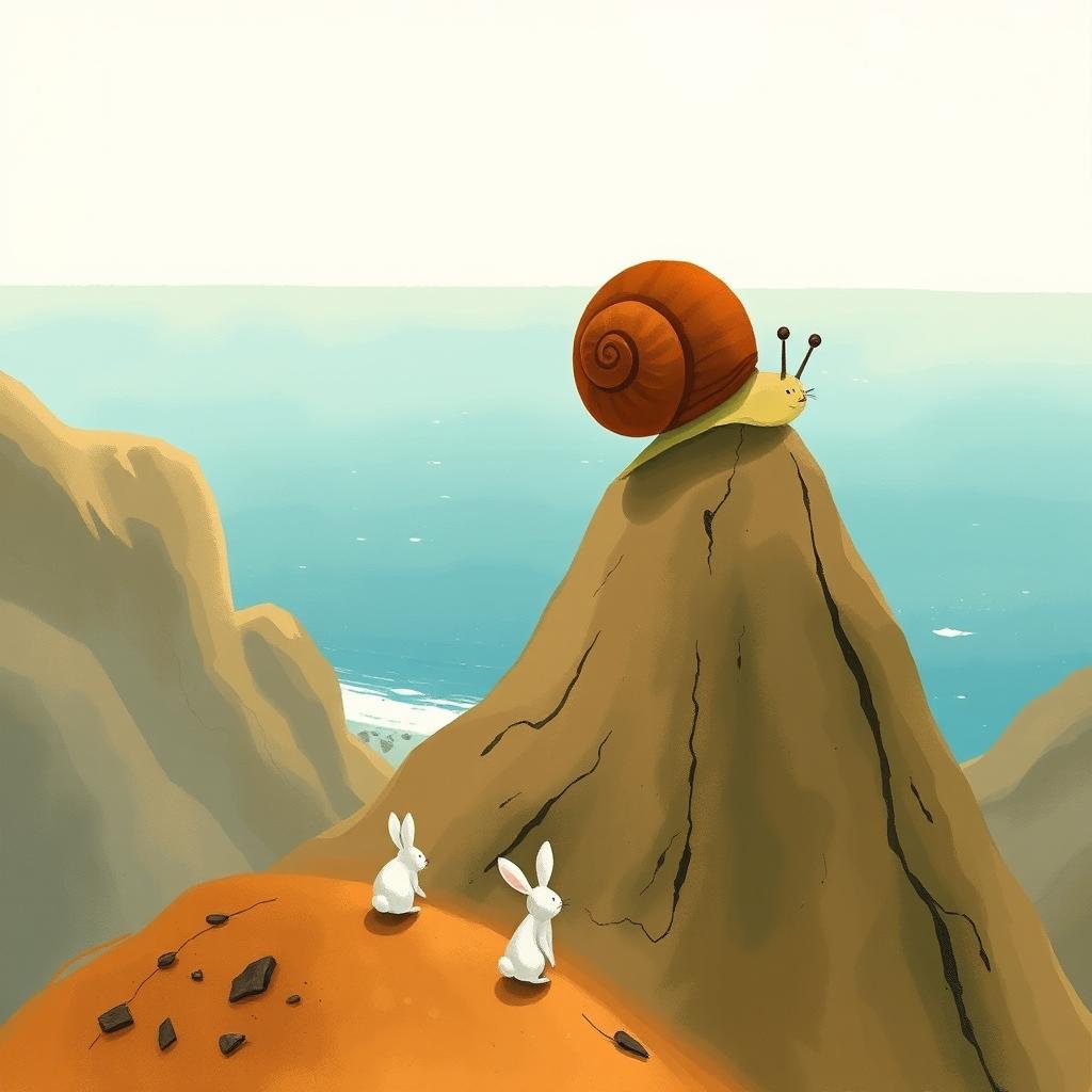 A small snail with a brown shell standing on top of a mountain, gazing at the vast sea in the distance