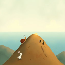 A small snail with a brown shell standing on top of a mountain, gazing at the vast sea in the distance