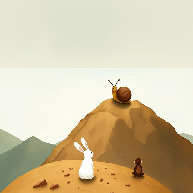 A small snail with a brown shell standing on top of a mountain, gazing at the vast sea in the distance