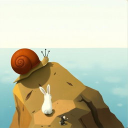 A small snail with a brown shell standing on top of a mountain, gazing at the vast sea in the distance