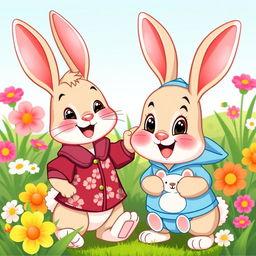 Two happy rabbits in a vibrant, cartoonish style