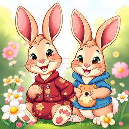 Two happy rabbits in a vibrant, cartoonish style
