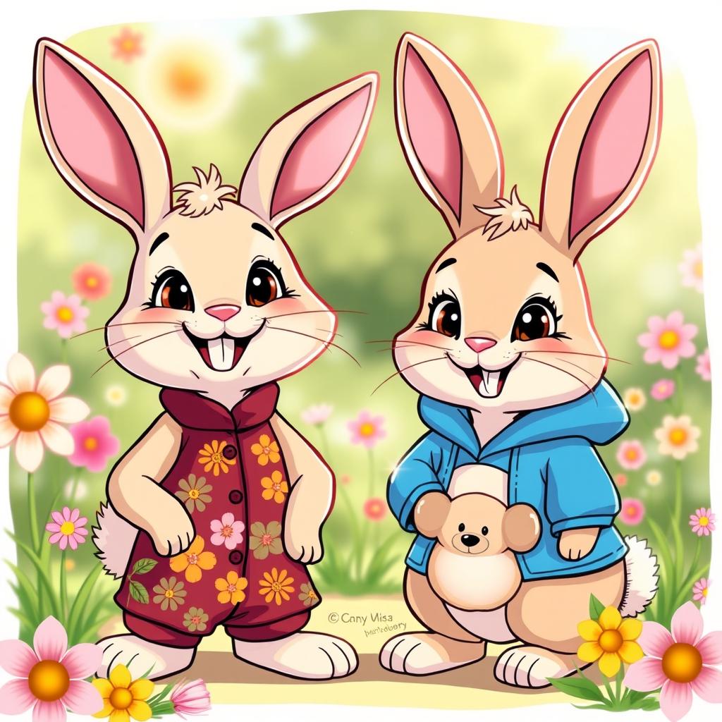 Two happy rabbits in a vibrant, cartoonish style
