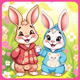 Two happy rabbits in a vibrant, cartoonish style