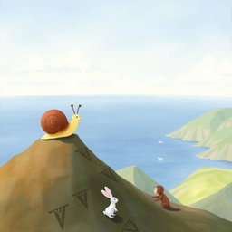 A small snail with a brown shell standing on top of a mountain, gazing at the vast sea in the distance