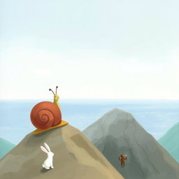 A small snail with a brown shell standing on top of a mountain, gazing at the vast sea in the distance