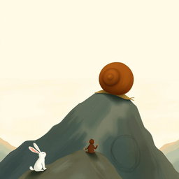 A small snail with a brown shell standing on top of a mountain, gazing at the vast sea in the distance