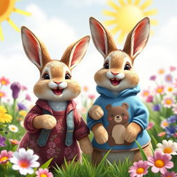 Two happy rabbits in a vibrant garden