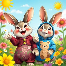 Two happy rabbits in a vibrant garden