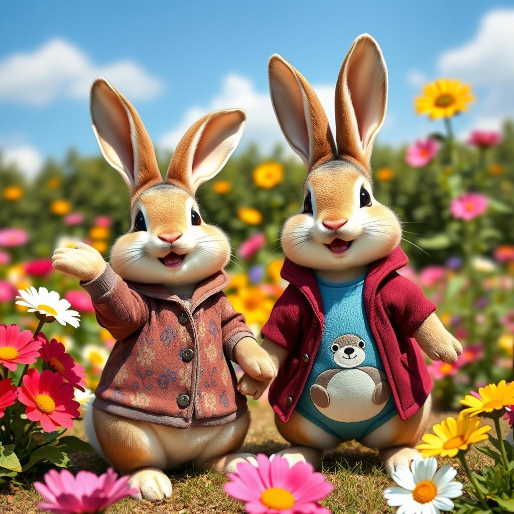 Two happy rabbits in a vibrant garden
