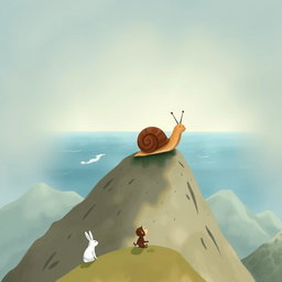 A small snail with a brown shell standing majestically on top of a mountain, gazing out over the expansive ocean in the distance