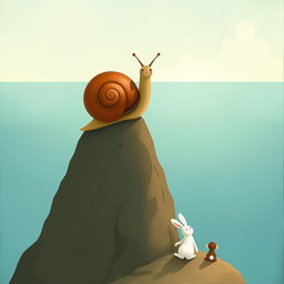 A small snail with a brown shell standing majestically on top of a mountain, gazing out over the expansive ocean in the distance