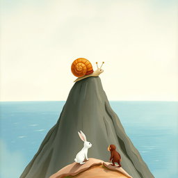 A small snail with a brown shell standing majestically on top of a mountain, gazing out over the expansive ocean in the distance