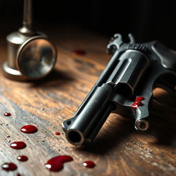 A dramatic tabletop scene featuring a vintage magnifying glass resting on an old wooden table, its glass lens reflecting a dim light