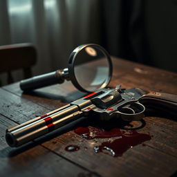 A dramatic tabletop scene featuring a vintage magnifying glass resting on an old wooden table, its glass lens reflecting a dim light