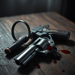 A dramatic tabletop scene featuring a vintage magnifying glass resting on an old wooden table, its glass lens reflecting a dim light