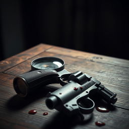 A dramatic tabletop scene featuring a vintage magnifying glass resting on an old wooden table, its glass lens reflecting a dim light