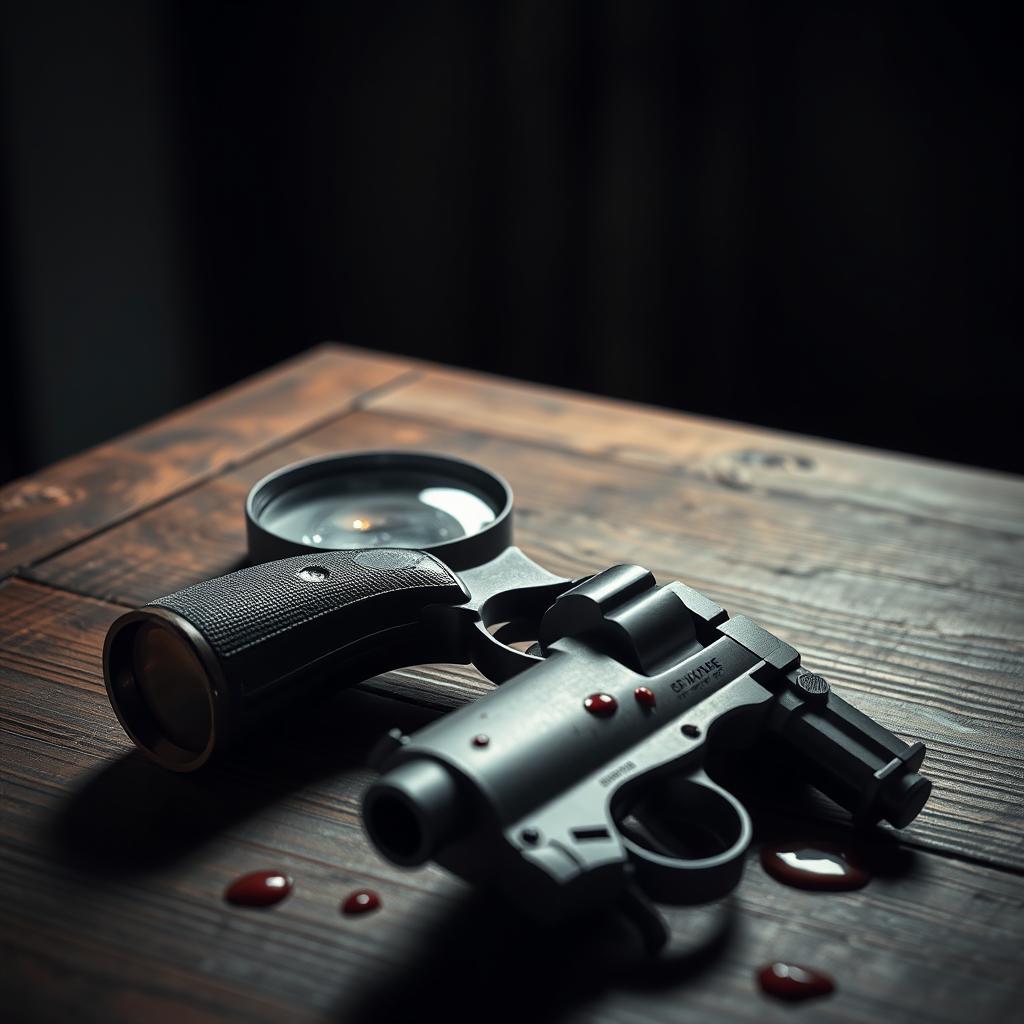 A dramatic tabletop scene featuring a vintage magnifying glass resting on an old wooden table, its glass lens reflecting a dim light