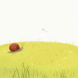 On a grassy field, a small snail with a brown shell is slowly moving on the green grass