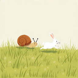 On a grassy field, a small snail with a brown shell is leisurely moving among the blades of grass