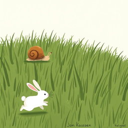 On a grassy field, a small snail with a brown shell is leisurely moving among the blades of grass
