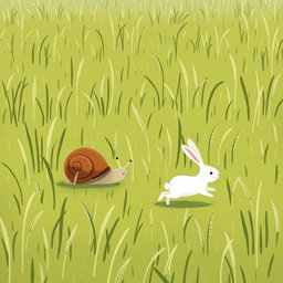On a grassy field, a small snail with a brown shell is leisurely moving among the blades of grass