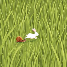 On a grassy field, a small snail with a brown shell is leisurely moving among the blades of grass