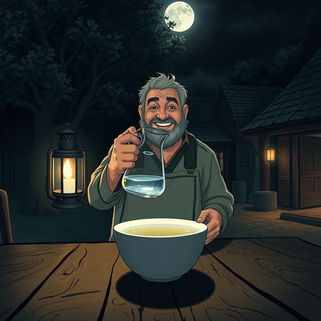 A scene set during a dark night in a cozy, rustic village