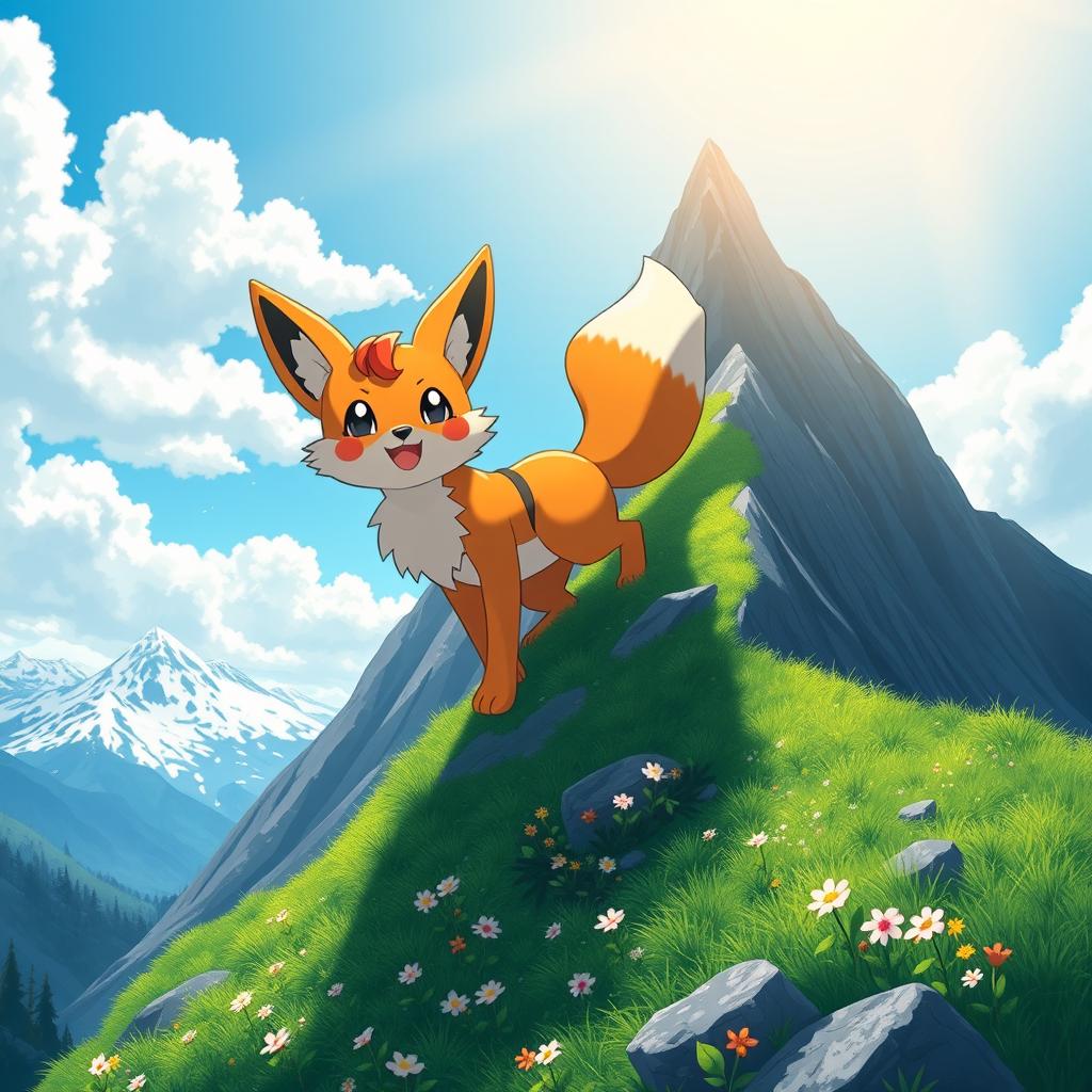 A charming, anthropomorphic fox-like Pokémon climbing a majestic mountain