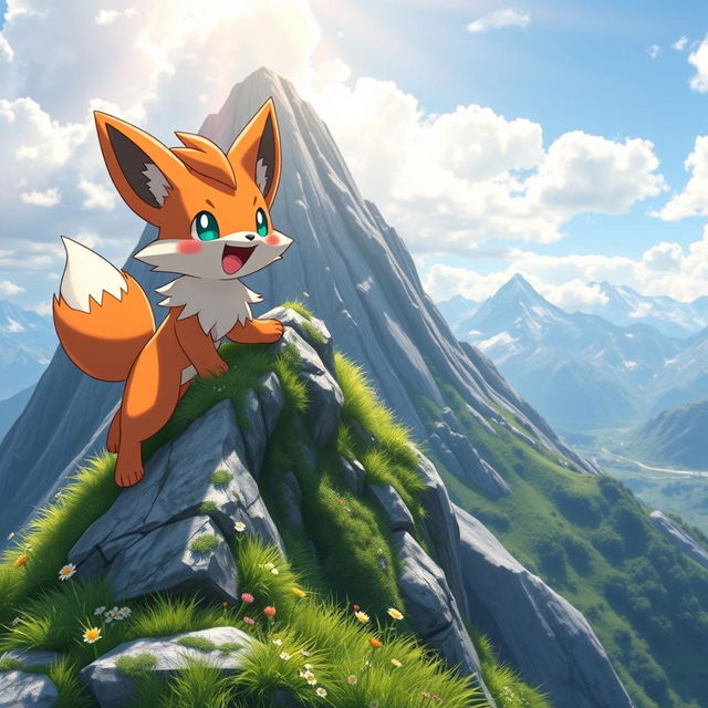 A charming, anthropomorphic fox-like Pokémon climbing a majestic mountain