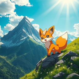A charming, anthropomorphic fox-like Pokémon climbing a majestic mountain