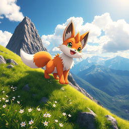 A charming, anthropomorphic fox-like Pokémon climbing a majestic mountain