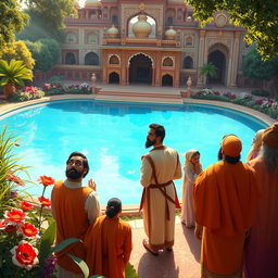 The next morning scene at a royal pond in a vibrant Mughal palace setting, where the characters Akbar, Birbal, and courtiers gather in surprise