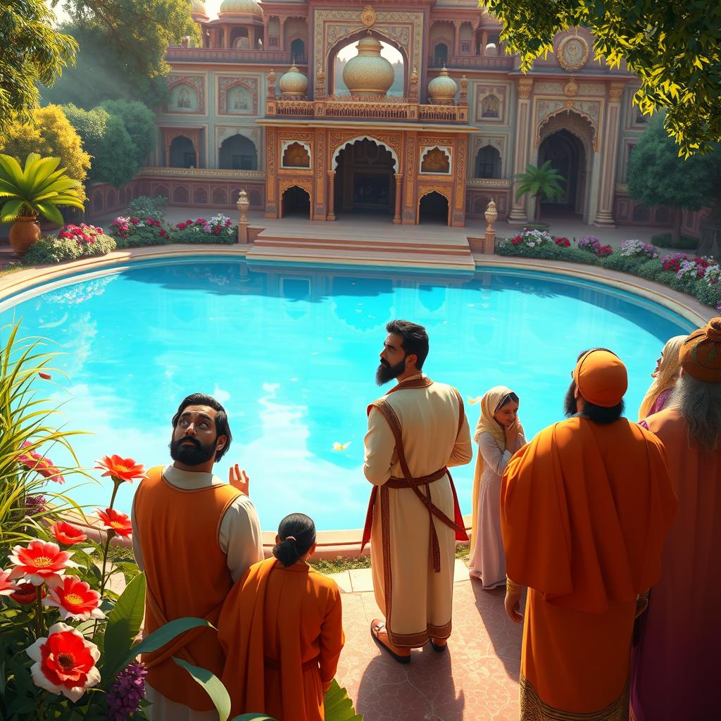 The next morning scene at a royal pond in a vibrant Mughal palace setting, where the characters Akbar, Birbal, and courtiers gather in surprise